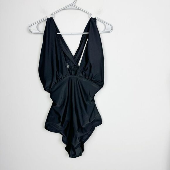 UNBRANDED | Black Deep V Plunge Cross Back One Piece Swimsuit Women’s Size L - Picture 1 of 9